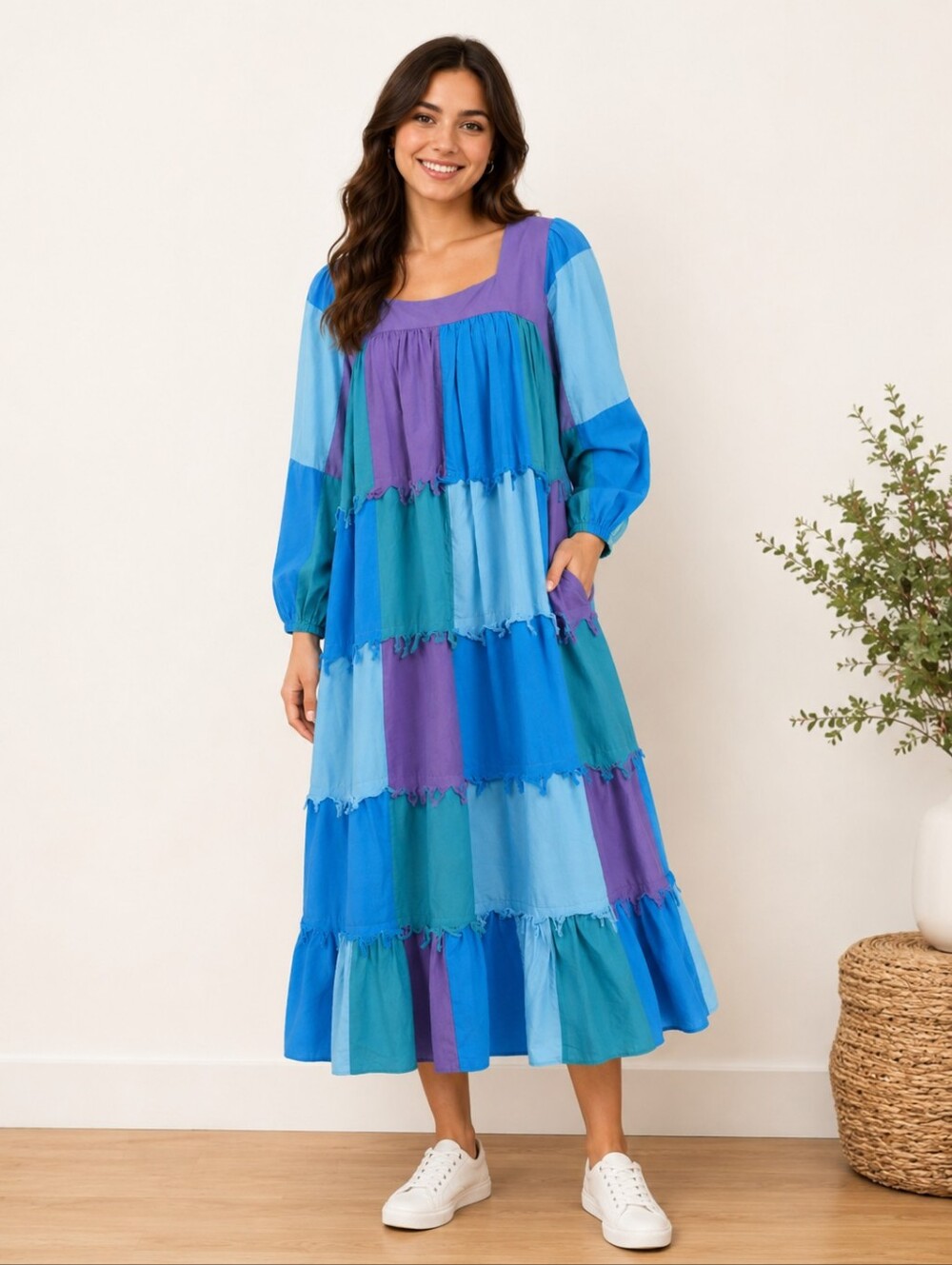 Boho Patchwork Midi Dress in Blue & Purple